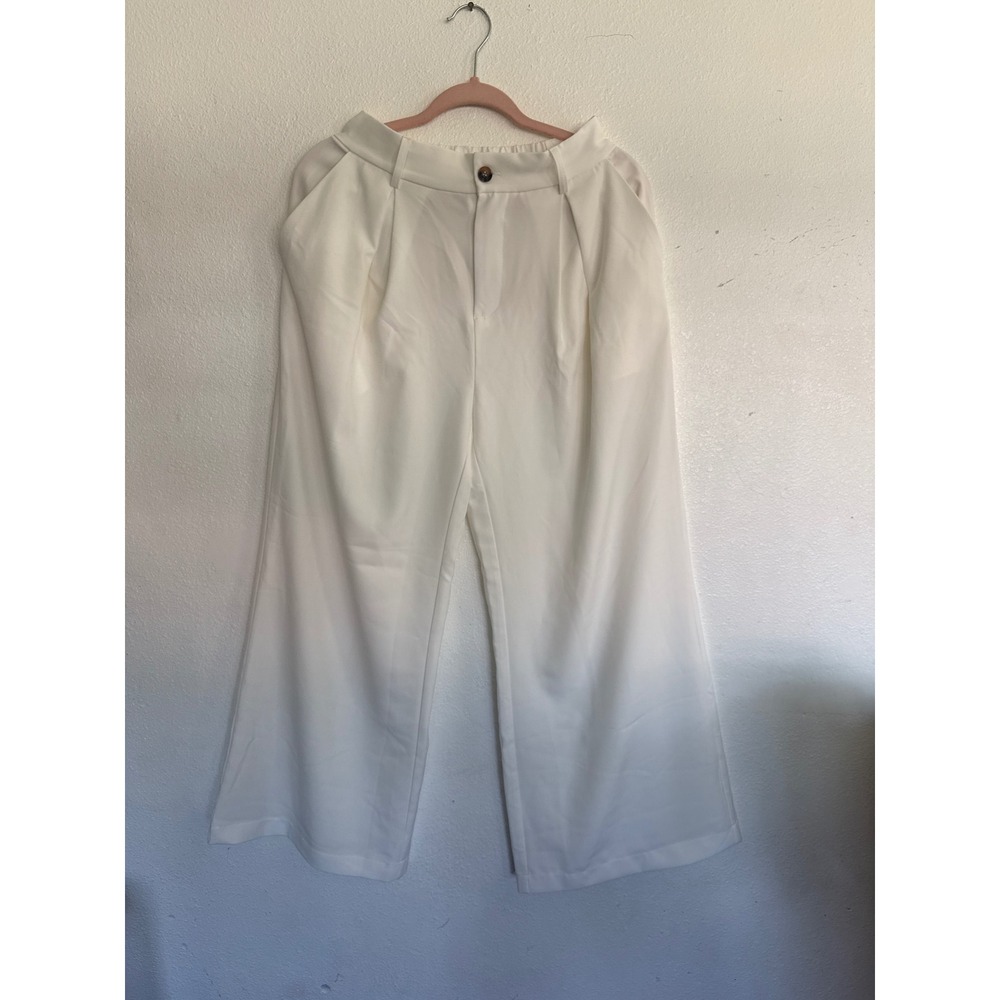 White Wide Leg Trousers High Waisted Pleated Dress Pants with Pockets